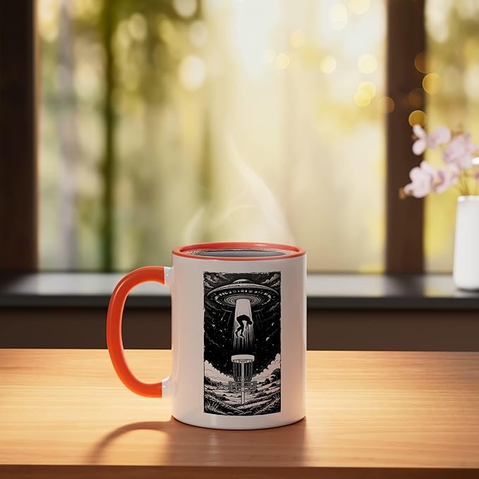 Disc Golf UFO Funny Flying Saucer Alien Abduction Basket Ceramic Mug, Orange/White
