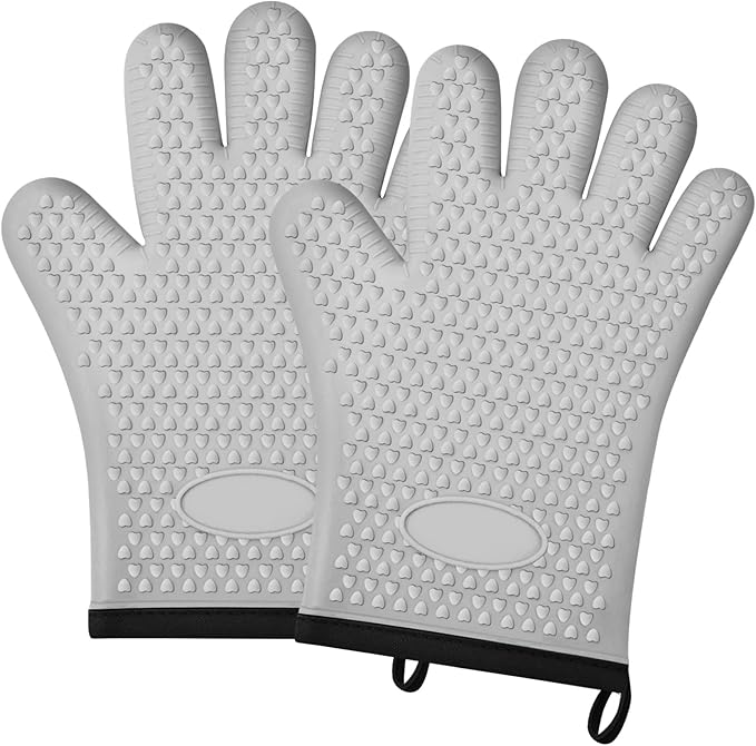 2Pack Silicone Oven Gloves with Fingers - Heat Resistant, Flexible Non-Slip Oven Mitts for Hot Pans, Easy to Clean Waterproof Kitchen Mittens for Baking(Grey)