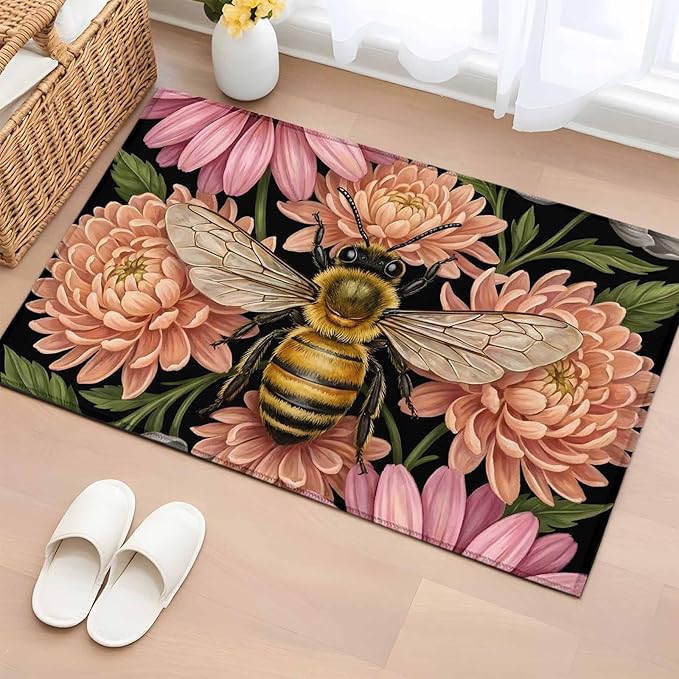 Area Rug 2x3ft, Vintage Honey Gold Bee Pink Flowers Washable Rugs for Living Room Bedroom, Sage Green Leaves Soft Non-Slip Area Rugs Rectangle Floor Carpet for Dining Room