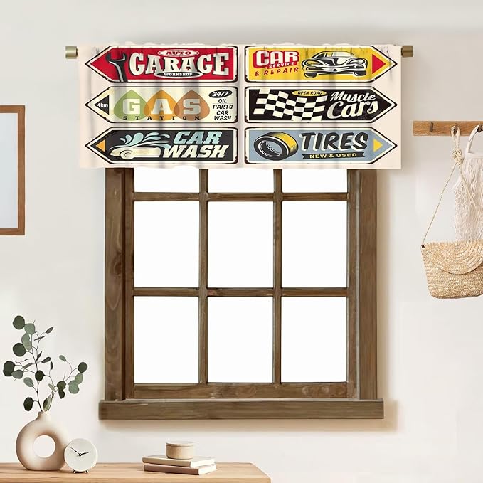 1950s Valances Curtains Vintage Car Signs Automobile Advertising Repair Vehicle Garage Classics Servicing, Windows Short Curtain Valance for Kitchen Bedroom with Rod Pocket, One Panel 54X18 Inches