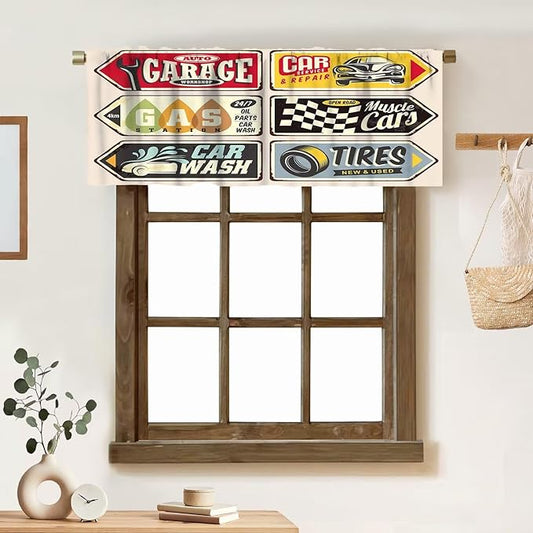 1950s Valances Curtains Vintage Car Signs Automobile Advertising Repair Vehicle Garage Classics Servicing, Windows Short Curtain Valance for Kitchen Bedroom with Rod Pocket, One Panel 54X18 Inches