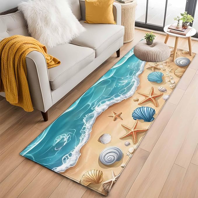 Runner Rug for Bedroom Hallway, Summer Beach Shell Starfish Kitchen Runner Rugs Area Rug 2x6ft, Marine Life Cartoon Style Washable Soft Floor Carpet for Entryway Stair