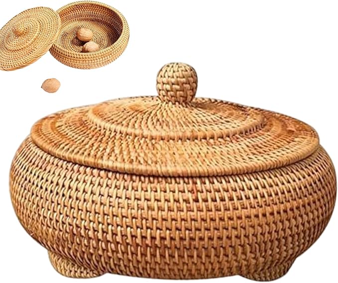 Wicker Storage Basket With Lid,Round Rattan Box with Lid, 8.7x4 Inch Rattan Basket, Hand-Woven Round Woven Basket, Desktop Decorative Box for Home Farmhouse Kitchen