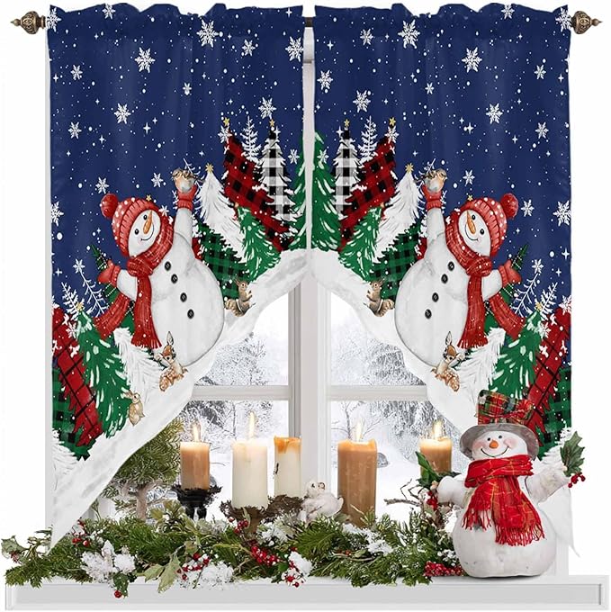 Christmas Snowman Swag Valance Curains Winter Xmas Tree Snowflakes Deep Blue Bottom Rod Pocket Kitchen Curtains Scalloped Window Treatment Valances Swag for Living Room Bedroom, 1 Pair, 36"W x 45"L