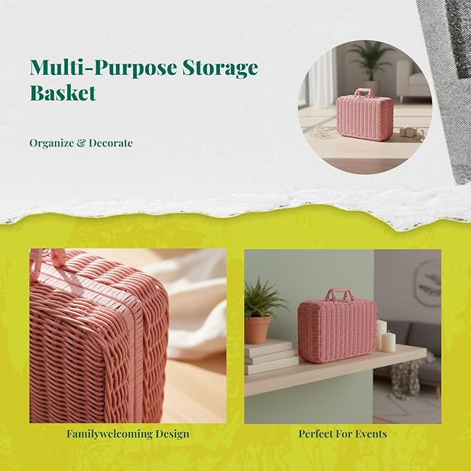Woven Suitcase Imitation Rattan Storage Basket Gift Box Rustic Picnic Suitcase Handwoven Storage Case for Travelling Bathroom, Pink S