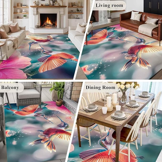 Area Rug 6x9ft, Spring Hummingbird Pink Petals Flowers Washable Rugs for Living Room Bedroom, Dreamlike Animal Focus Scenery Soft Non-Slip Area Rugs Rectangle Floor Carpet for Dining Room