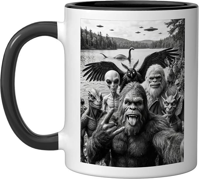 Bigfoot Alien Loch Ness Monster UFO Cryptids Selfie Ceramic Mug, Black/White