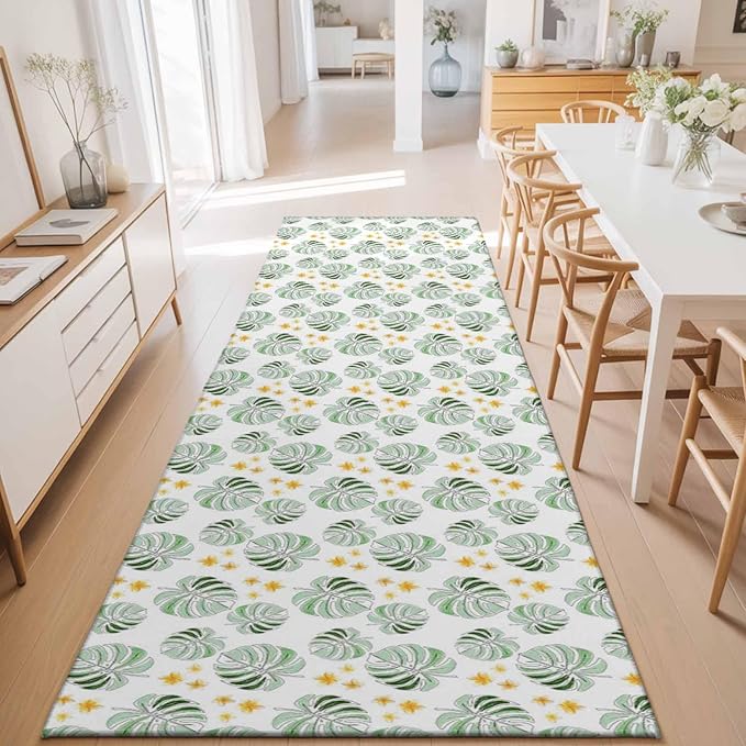 Runner Rug for Bedroom Hallway, Summer Palm Leaves Pattern Kitchen Runner Rugs Area Rug 2x6ft, Scattered Starburst Flowers Washable Soft Floor Carpet for Entryway Stair