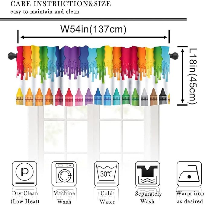 Colorful Crayon Valance, Kids Rainbow Colour Pigment Splash Oil Painting Art Window Treatment for Kitchen Dining Room Bedroom Nursery Classroom, 54x18Inch