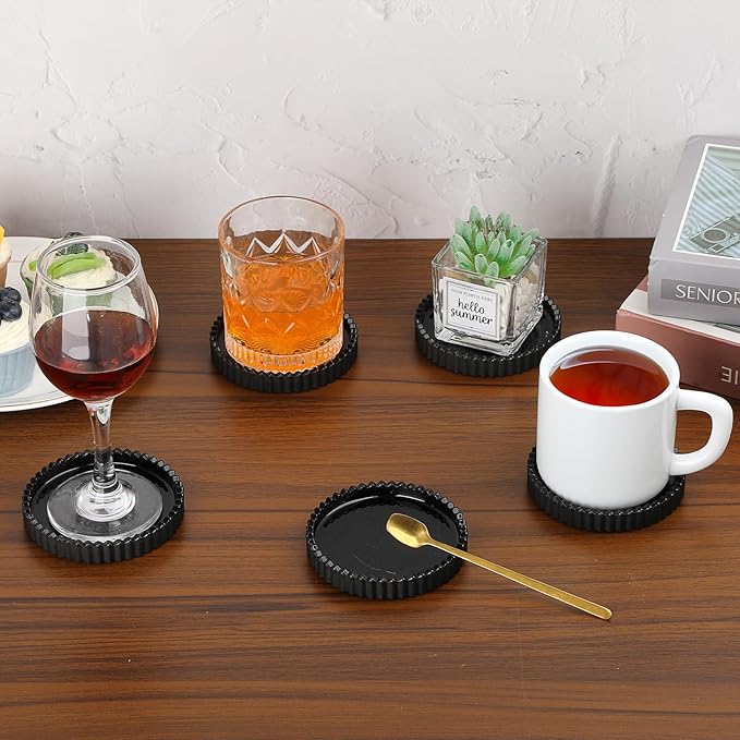 Drink Coaster Set of 5- Coffee Table Coasters, Round Cup Mats Home Décor Accents, Cup Coaster, Glass, Black, Coasters for Office, Kitchen, Bar, Dining Room, Living Room, Patio