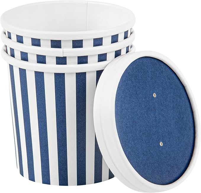Restaurantware Bio Tek 12 Ounce Soup Containers 200 Durable Soup Bowls - Disposable Sustainable Blue And White Paper Soup Cups Striped Round For Hot Or Cold Foods
