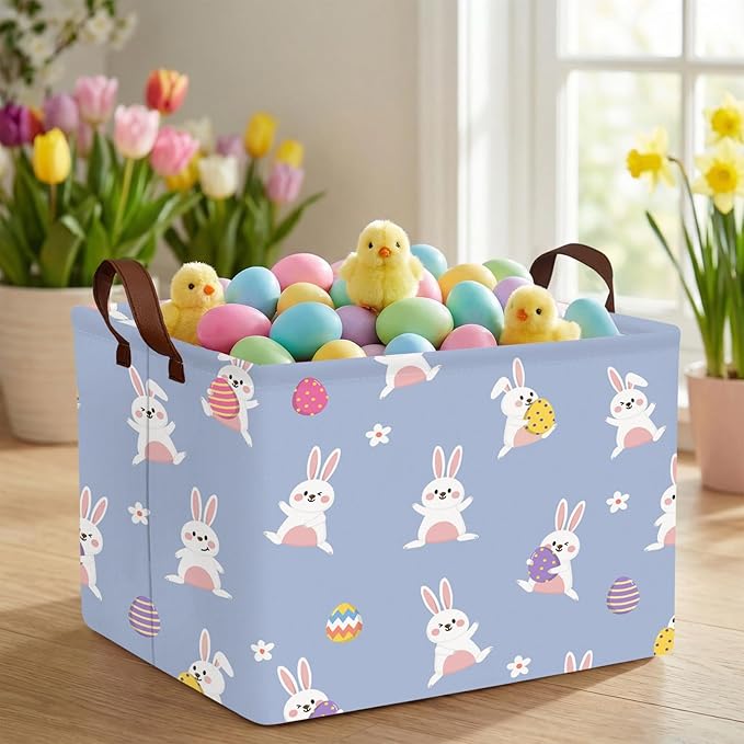 Kid Large Empty Easter Basket Gift Personalized Fabric Bunny Easter Basket for Boy and Girl Room Decor Storage Bin (Cute Rabbit Holding Easter Egg)