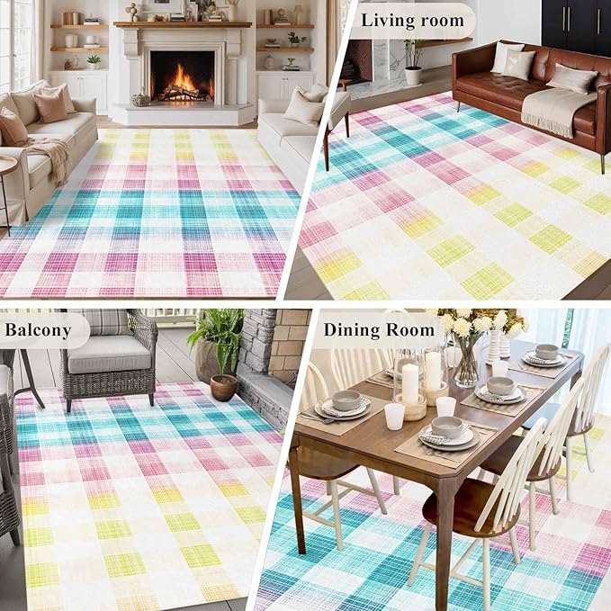 Area Rug 6x9ft, Easter Red Yellow Blue Stripes Washable Rugs for Living Room Bedroom, Abstract Buffalo Plaid Soft Non-Slip Area Rugs Rectangle Floor Carpet for Dining Room