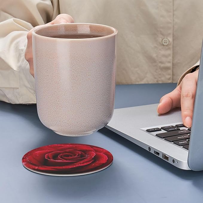 Famame 6 Pcs Bright Red Rose Leather Coasters for Drinks with Holder Coaster Sets Drink Table Cup Coasters for Living Room Kitchen Coffee Decor