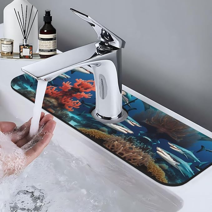 Submarine Shark Coral Printed Faucet Absorbent mat, Suitable for bathrooms, Kitchens, and Other Sink Areas.