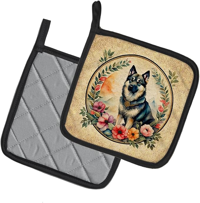 Caroline's Treasures Norwegian Elkhound and Flowers Pair of Pot Holders Kitchen Heat Resistant Pot Holders Sets Oven Hot Pads for Cooking Baking BBQ, 7 1/2 x 7 1/2
