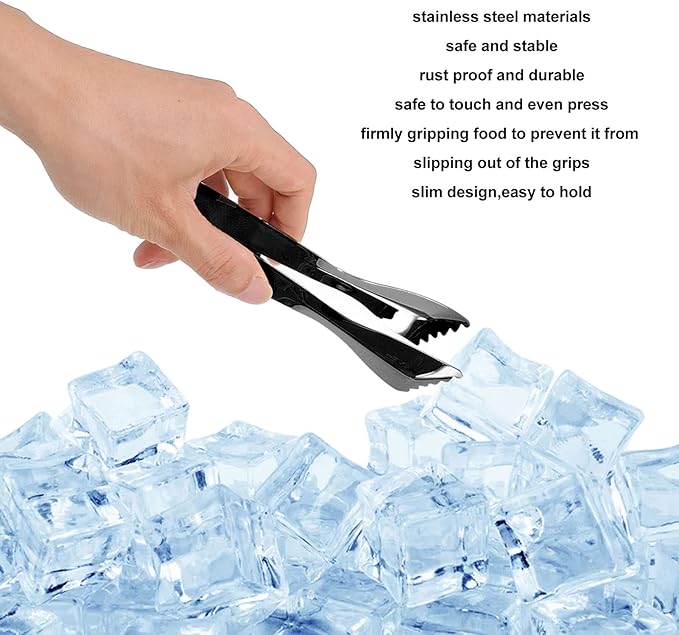 Ice Tongs Food Grade Thicken Stainless Steel Prevents Slipping Sugar Food Tweezers for Home Kitchen Bar Mirror Ice Bucket Party Coffee Bar (Black Plated)