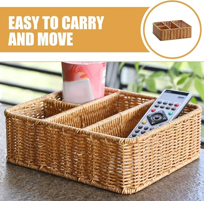 Wicker Divided Storage Basket, Rectangular Hand-woven Baskets Plastic Drawer Baskets Organizer for Organizing Cabinet Coffee Table Toilet Paper