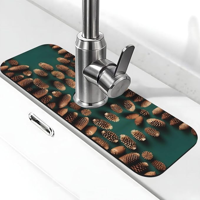 Pine Cone Border Printed Faucet Absorbent mat, Suitable for bathrooms, Kitchens, and Other Sink Areas.