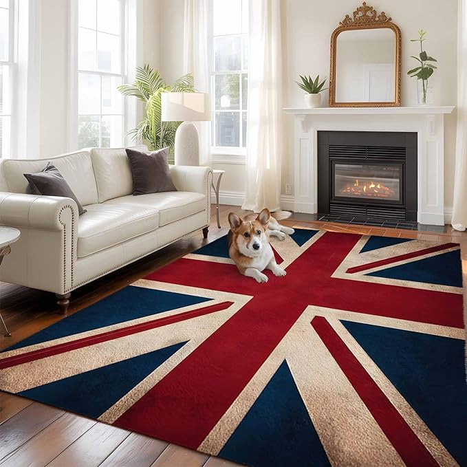 Area Rug 6x9ft, Vintage Union Jack Flag Washable Rugs for Living Room Bedroom, Reerto Flags of The United Kingdom Soft Non-Slip Area Rugs Rectangle Floor Carpet for Dining Room