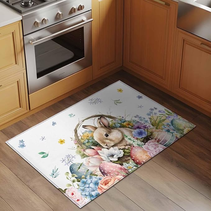 Area Rug 2x3ft, Easter Egg Spring Flower Cute Rabbit Washable Rugs for Living Room Bedroom, Blossom Floral on White Soft Non-Slip Area Rugs Rectangle Floor Carpet for Dining Room