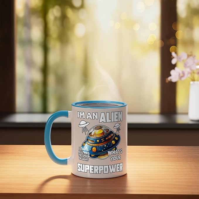 I'm An Alien I Travel Speed Of Light Space Apparel Ceramic Mug, Blue/White