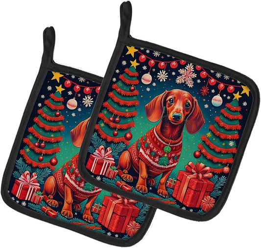 Caroline's Treasures Dachshund Christmas Pair of Pot Holders Kitchen Heat Resistant Pot Holders Sets Oven Hot Pads for Cooking Baking BBQ, 7 1/2 x 7 1/2