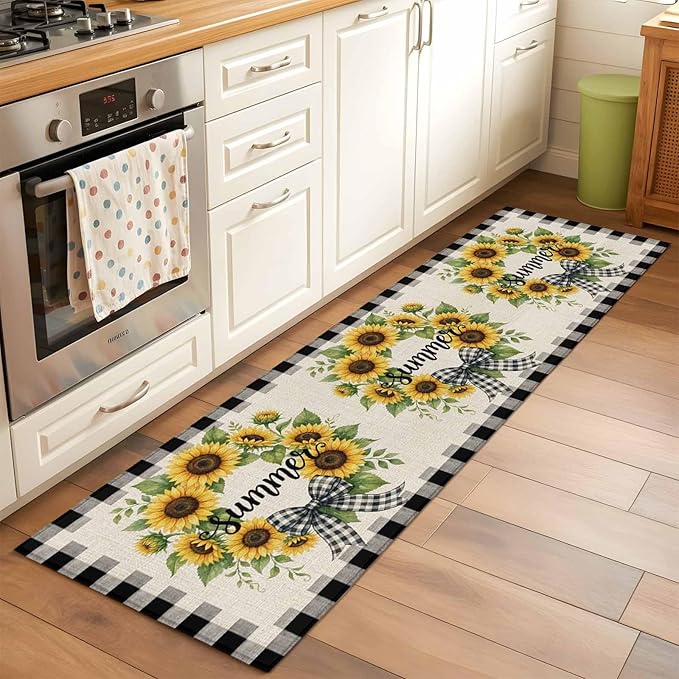 Runner Rug for Bedroom Hallway, Summer Words Farm Sunflowers Kitchen Runner Rugs Area Rug 2x6ft, Butterflies Country Floral Washable Soft Floor Carpet for Entryway Stair