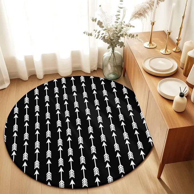 Washable Round Area Rug Tribal Style Arrows Pattern Circle Rugs Floor Carpet for Living Room Bedroom, Black Background Soft Non Slip Round Rug 5ft