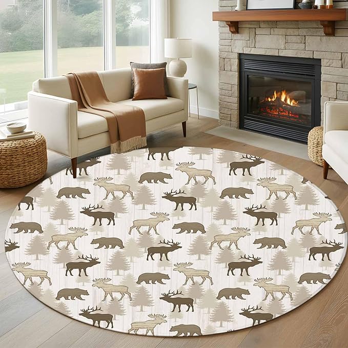 Washable Round Area Rug Animal Moose Bears Circle Rugs Floor Carpet for Living Room Bedroom, Retro Rustic Pine Trees Soft Non Slip Round Rug 5ft