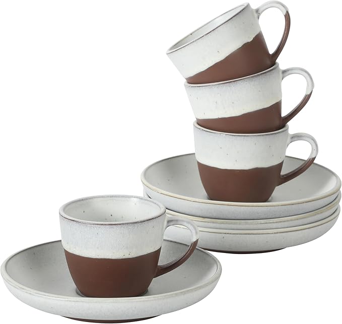 Gibson Elite William Crest 8 Piece Cup & Saucer Set, 4 Stoneware Cups & 4 Saucers, Reactive Glaze Finish, 3.5oz Espresso Cups, 5.5” Saucers, Round Coffee Set, Microwave & Dishwasher Safe - Ash White