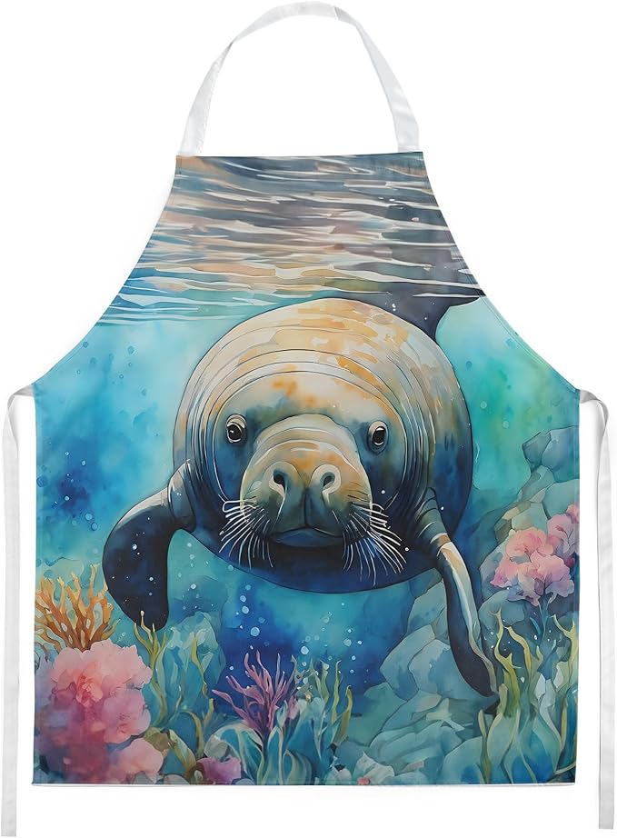 Caroline's Treasures Manatee Apron Cooking Kitchen Server Baking Crafts Gardening for Adult Women Men, Unisex, Large, Multicolor