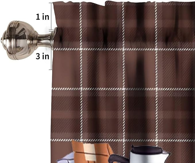 Coffee Gnome Curtain Valance, Rustic Vintage Brown Plaid Beans Drinks Latte Cappuccino Farmhouse Country Short Window Drapes for Kitchen Cafe Dining Room Bedroom Living Room, 54x18Inch