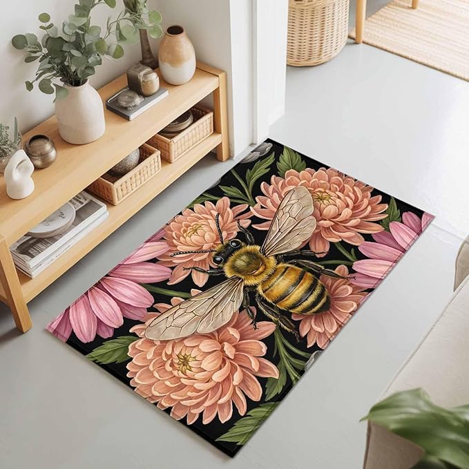 Area Rug 2x3ft, Vintage Honey Gold Bee Pink Flowers Washable Rugs for Living Room Bedroom, Sage Green Leaves Soft Non-Slip Area Rugs Rectangle Floor Carpet for Dining Room