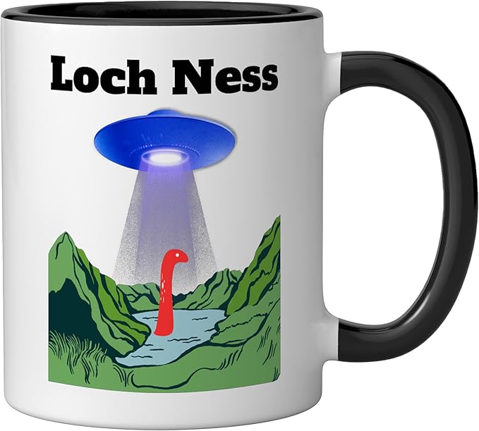 Funny UFO Loch Ness flying saucer Monster Nessie Scotland Ceramic Mug, Black/White