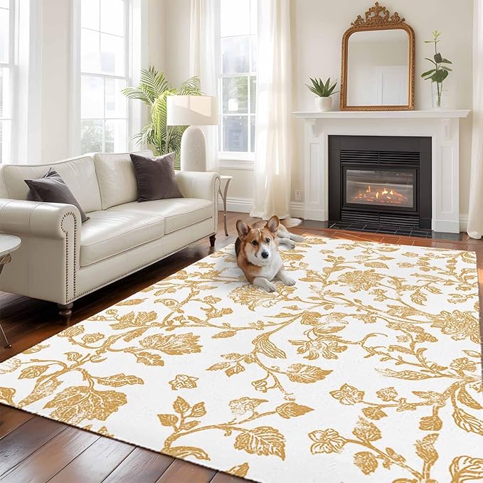Area Rug 6x9ft, Vintage Farmhouse Flowers Pattern Washable Rugs for Living Room Bedroom, Yellow Floral Art Soft Non-Slip Area Rugs Rectangle Floor Carpet for Dining Room