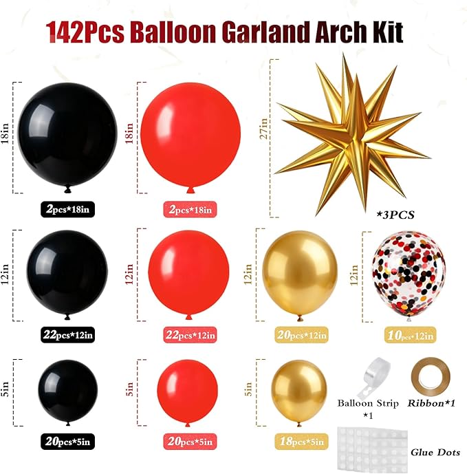 Red Gold Black Balloons Arch Kit Garland for 2026 Graduation Decorations Grad Party Birthday Red Carpet Casino Theme Race Car Birthday Anniversary Party Decorations