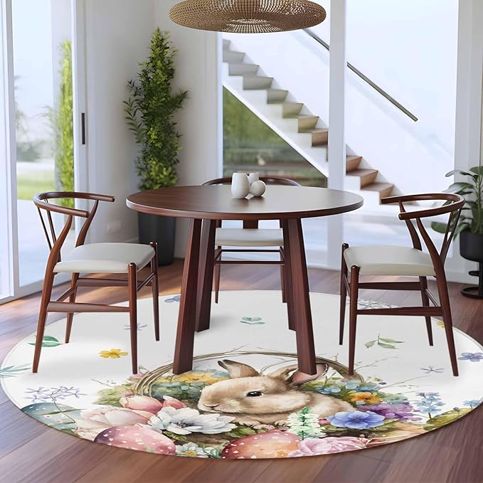 Washable Round Area Rug Easter Egg Spring Flower Cute Rabbit Circle Rugs Floor Carpet for Living Room Bedroom, Blossom Floral on White Soft Non Slip Round Rug 5ft