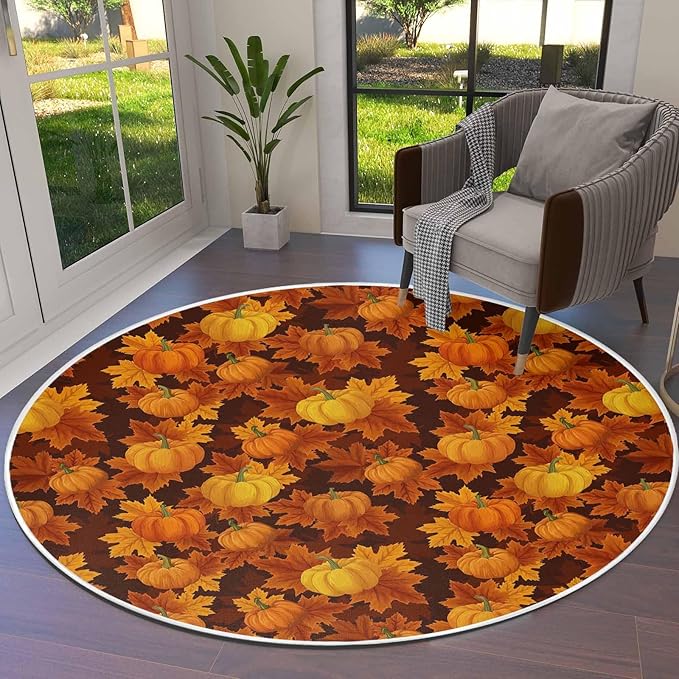 Round Area Rug,Autumn Thanksgiving Pumpkin Watercolor Circle Living Room Rug Non-Slip Rugs Indoor Carpet,Orange Maple Leaves Seamless Soft Comfort Rugs for Bedroom KidsRoom Nursery