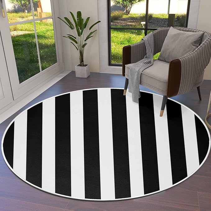 Round Area Rug,Black and White Stripe Circle Living Room Rug Non-Slip Rugs Indoor Carpet,Geometric Modern Minimalist Art Soft Comfort Rugs for Bedroom KidsRoom Nursery