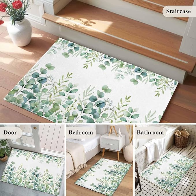 Sage Green Eucalyptus Leaves 2x3 Door Mat Rug, Farmhouse Botanical Non-Skid Rubber Backing Large Rectangle Rugs - Living Room Bedroom Home Office, Country Indoor Floor Mat Carpets Washable Rug
