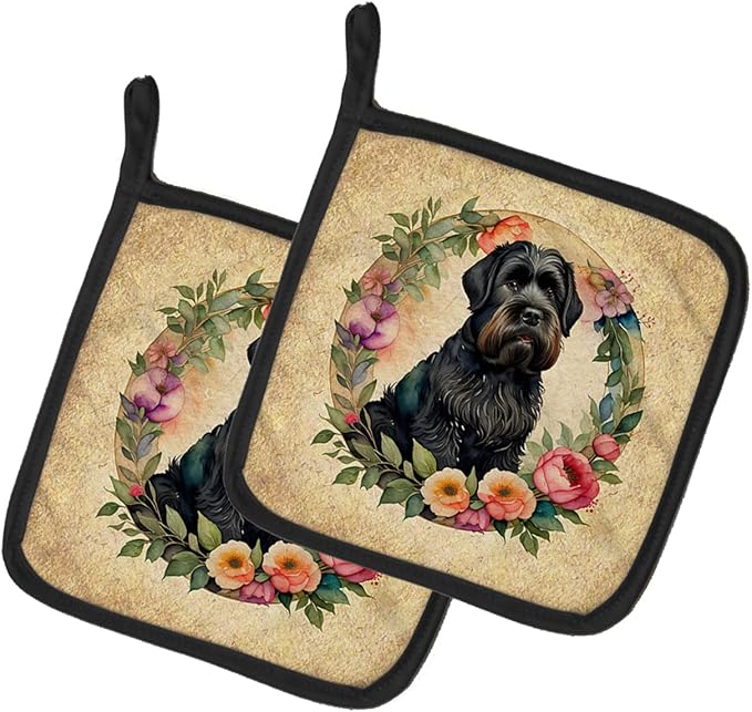 Caroline's Treasures Black Russian Terrier and Flowers Pair of Pot Holders Kitchen Heat Resistant Pot Holders Sets Oven Hot Pads for Cooking Baking BBQ, 7 1/2 x 7 1/2