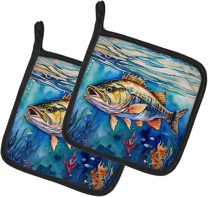 Caroline's Treasures Striped Bass Pair of Pot Holders Kitchen Heat Resistant Pot Holders Sets Oven Hot Pads for Cooking Baking BBQ, 7 1/2 x 7 1/2