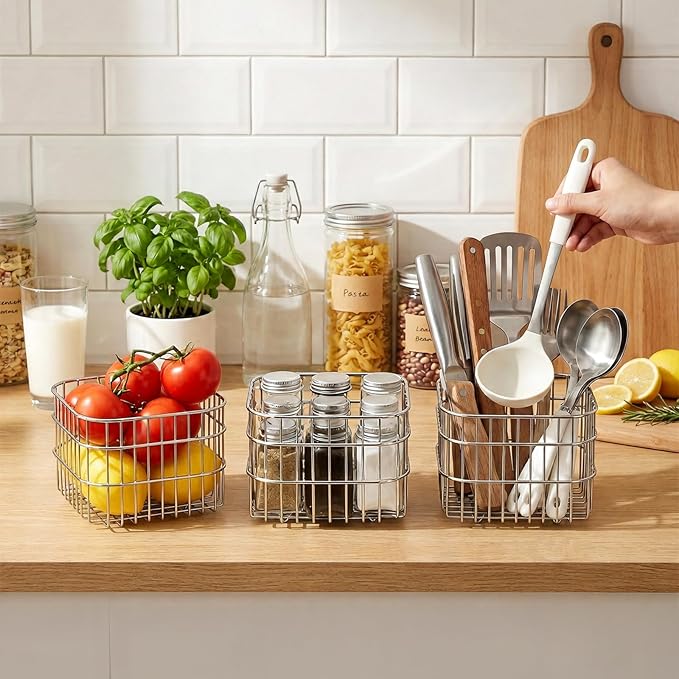 2 Pack Stainless Steel Wire Fruit Basket, 5.3 x 5.3 x 4 In Kitchen Countertop Drain Fruit Bowl, Wire Mesh Colander, Metal Food Storage Organizer for Fruit Vegetable Bread Snack Bathroom
