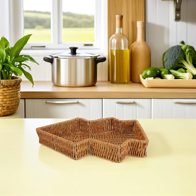 Christmas Tree Serving Platter Bread Basket Rustic Farmhouse Imitation Rattan Holiday Snack Tray Countertop Organizing Bin for Kitchen Tabletop Decor