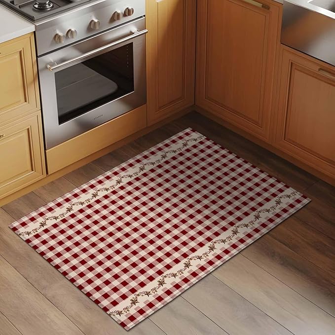 Area Rug 2x3ft, Vintage Red Buffalo Plaid Berry Washable Rugs for Living Room Bedroom, Farmhouse Western Star Soft Non-Slip Area Rugs Rectangle Floor Carpet for Dining Room
