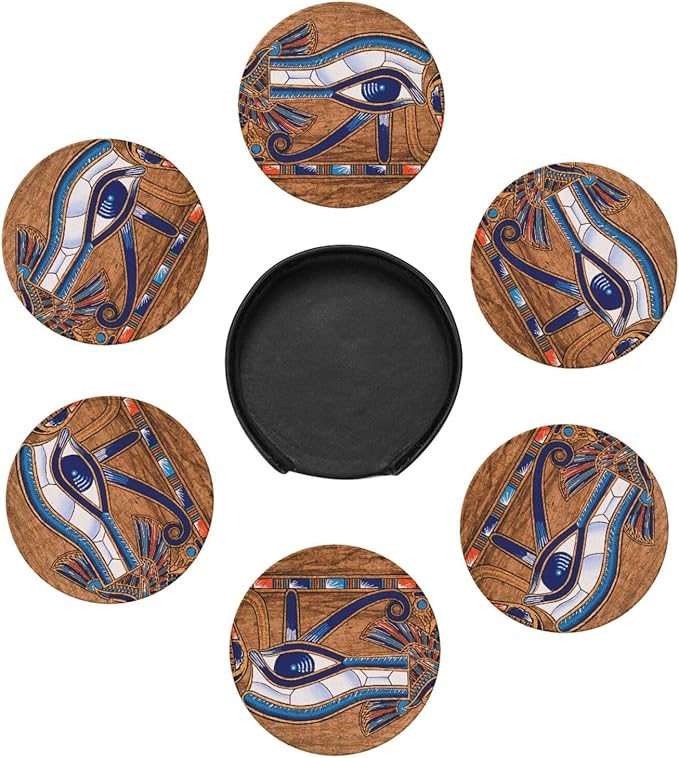 Ancient Egyptian Leather Drinks Coasters with Holder, Set of 6, Suitable for Various Cups