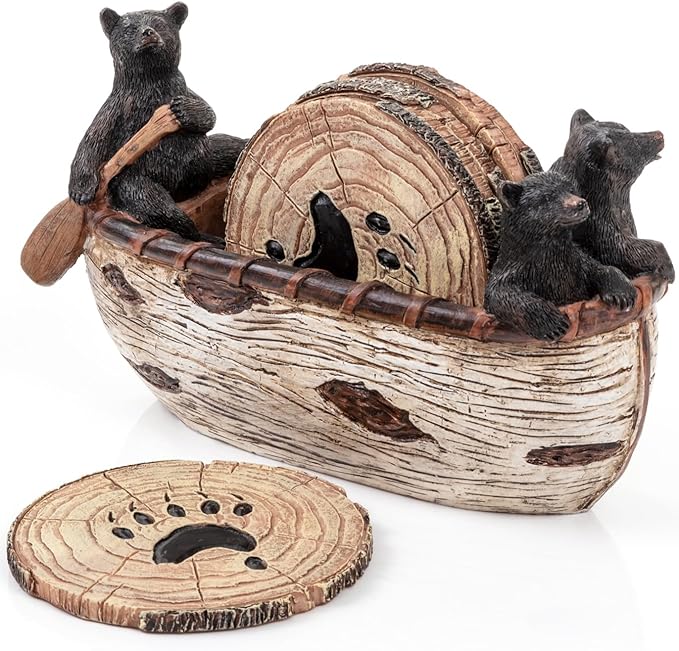 Cabin Obsession Bear Coasters - Set of 6 Full Size Rustic Coasters in Handmade Canoe with Adorable Black Bear Figurines - Log Cabin Decorations, Rustic Lodge Decor for The Home