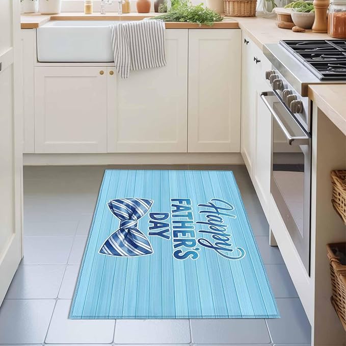 Area Rug 2x3ft, Father's Day Vintage Plank Washable Rugs for Living Room Bedroom, Cartoon Blue Stripes Bow Soft Non-Slip Area Rugs Rectangle Floor Carpet for Dining Room