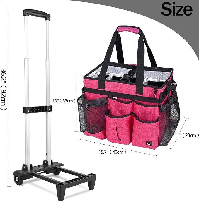 Extra large Rolling Cleaning caddy bag Built-in Hard Support Board,Cleaning Cart with Detachable Trolley, Housekeeping Cleaning caddy with Adjustable Shoulder Strap and Multiple Storage Pockets